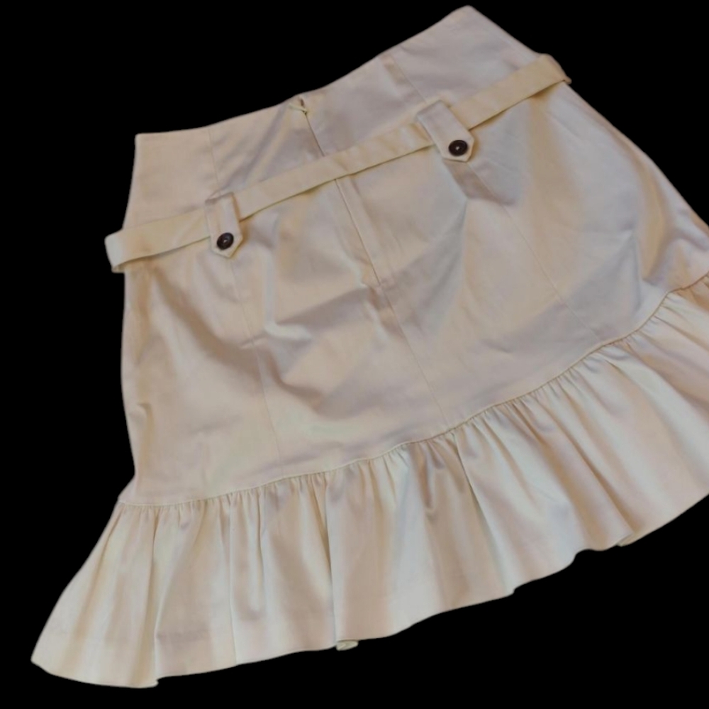 Y2K Skirt Mini Ruffle Hem Stretch Cotton Satin with Belt Beige Size 2 Womens